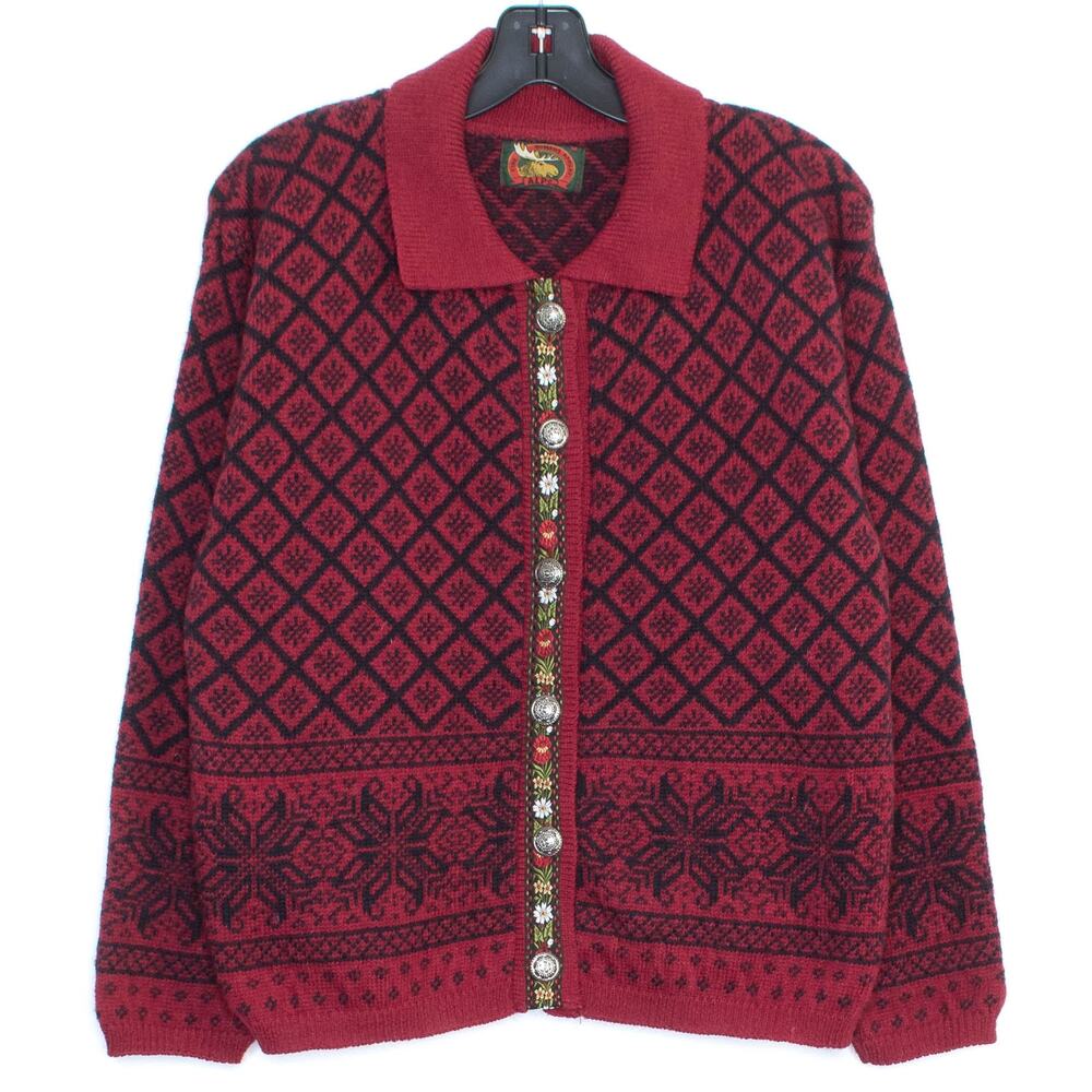 Alps Cardigan Sweater Vtg Wool Nordic Classic Cabin Preppy Scandi Red Medium FM